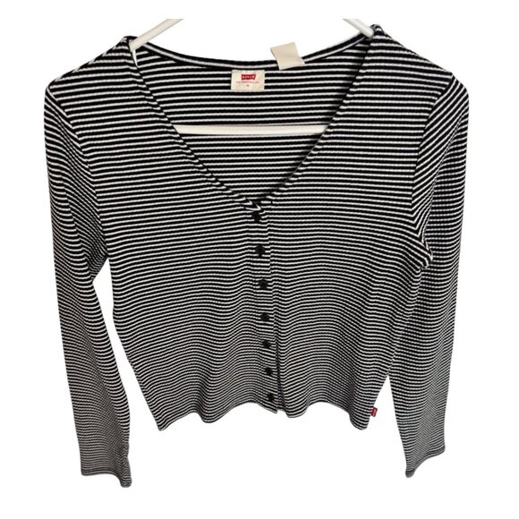 Levi Striped Button Up Slim Fit Size Medium Top NWT $35 V Neck Stretch Cropped - Picture 6 of 6